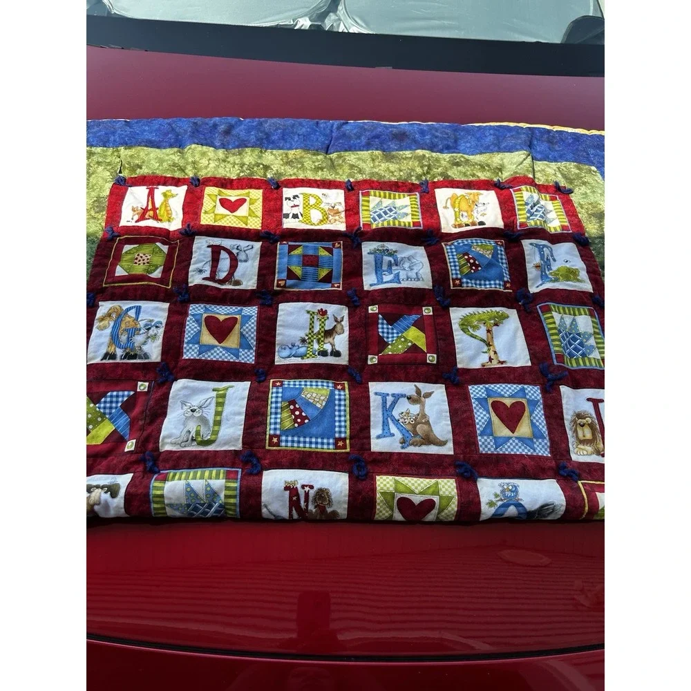 Handmade Pieced Alphabet Baby Quilt Blanket 40x54 Hand Tied ABC Red Nursery